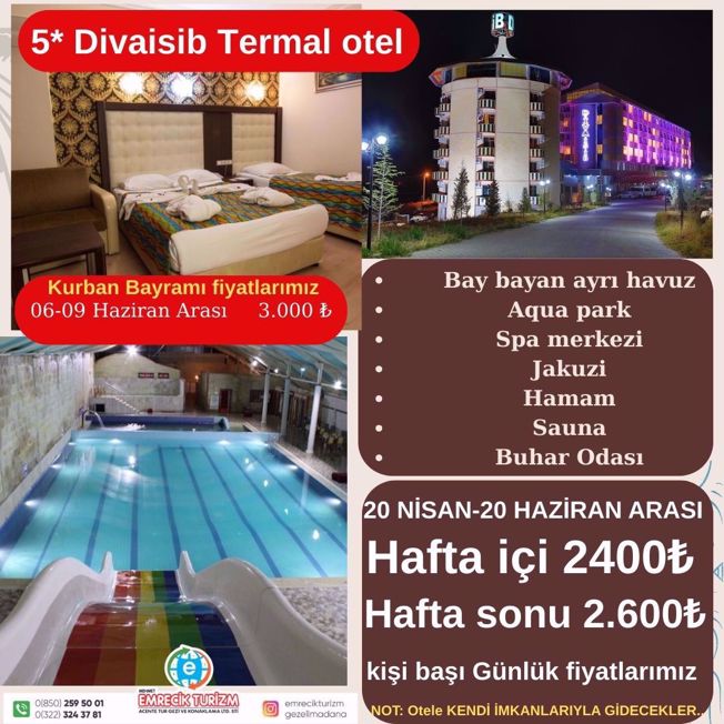 20 Nisan- 20 Haziran- ADANA - NEVŞEHİR KOZAKLI DİVAİBİS TERMAL OTEL 5* YILDIZLI TERMAL KAPLICA resmi