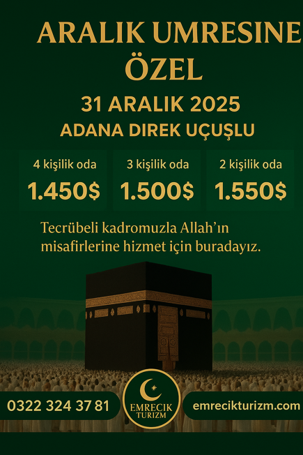 25-30 Aralık   direk Adana uçuşlu  Ekonomik  20 Günlük  Umre turu resmi